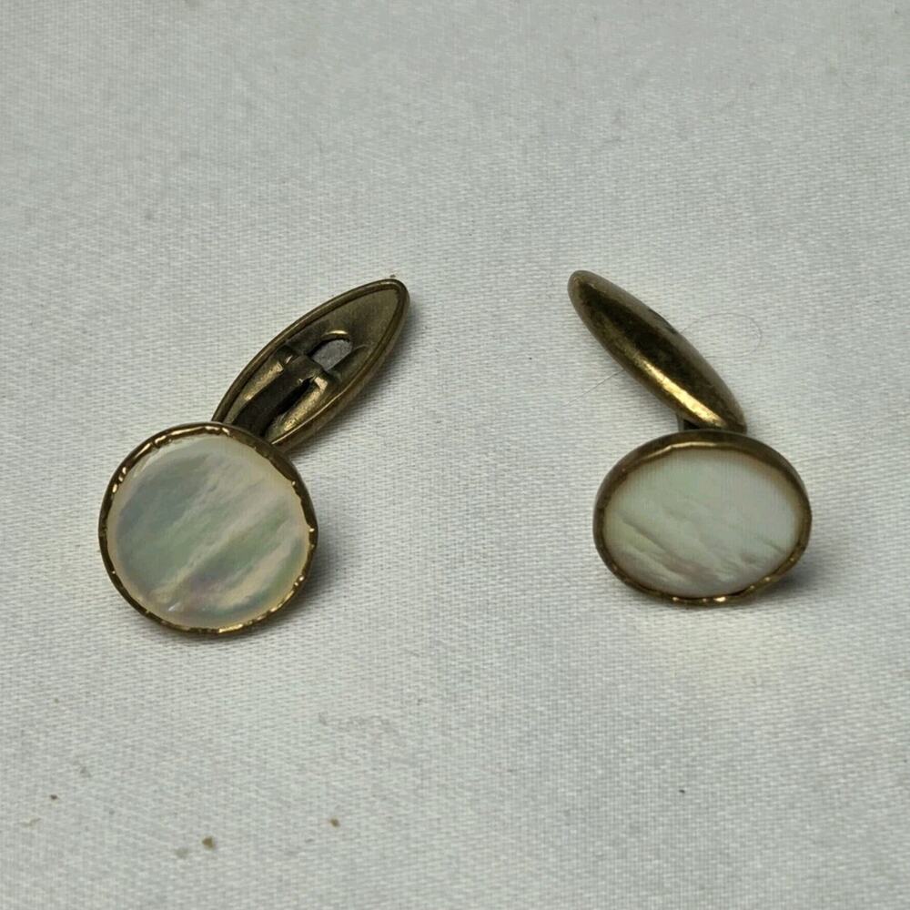 Vintage Brass Round Cufflinks Gold White Mother of Pearl Fixed Back Fashion